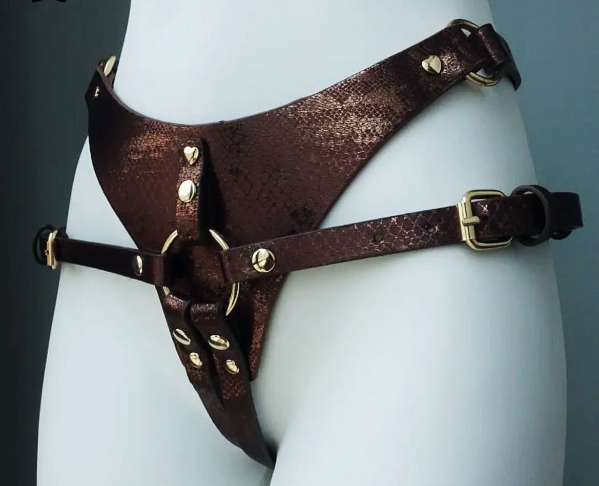 bronze Leather Lesbian Strap On Harness