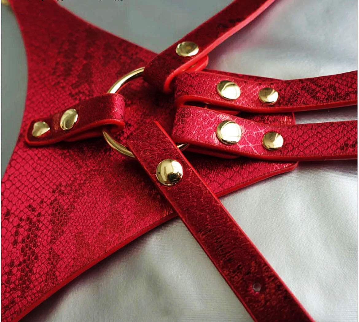 red Leather Female Strap-On Harness