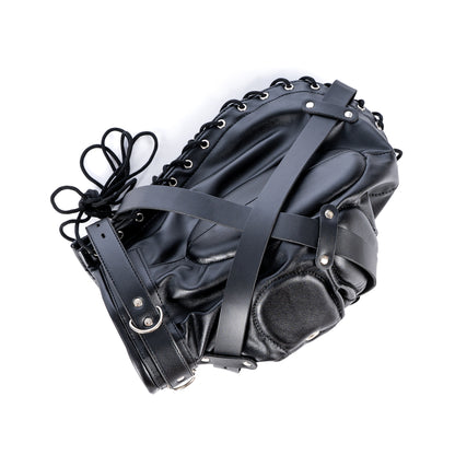 Leather Bondage Hood with Lockable Strap and Collar