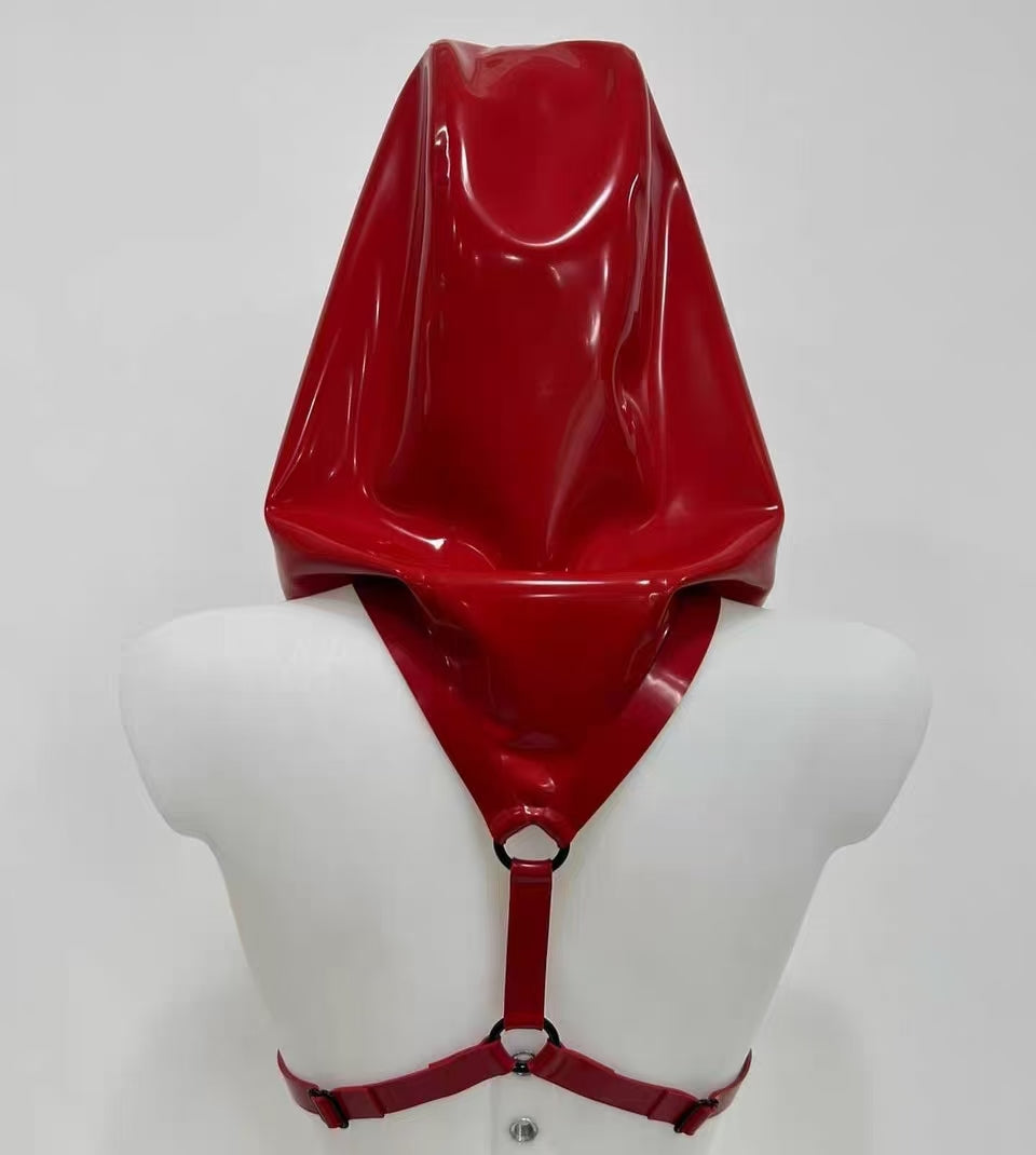 Latex Cloak Rubber Hood with Chest Harness | High-Gloss Red Rubber Draped Hood & Chest Harness Set