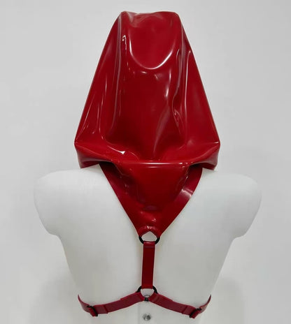Latex Cloak Rubber Hood with Chest Harness | High-Gloss Red Rubber Draped Hood & Chest Harness Set