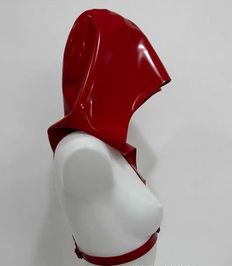 Latex Cloak Rubber Hood with Chest Harness | High-Gloss Red Rubber Draped Hood & Chest Harness Set