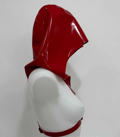 Latex Cloak Rubber Hood with Chest Harness | High-Gloss Red Rubber Draped Hood & Chest Harness Set