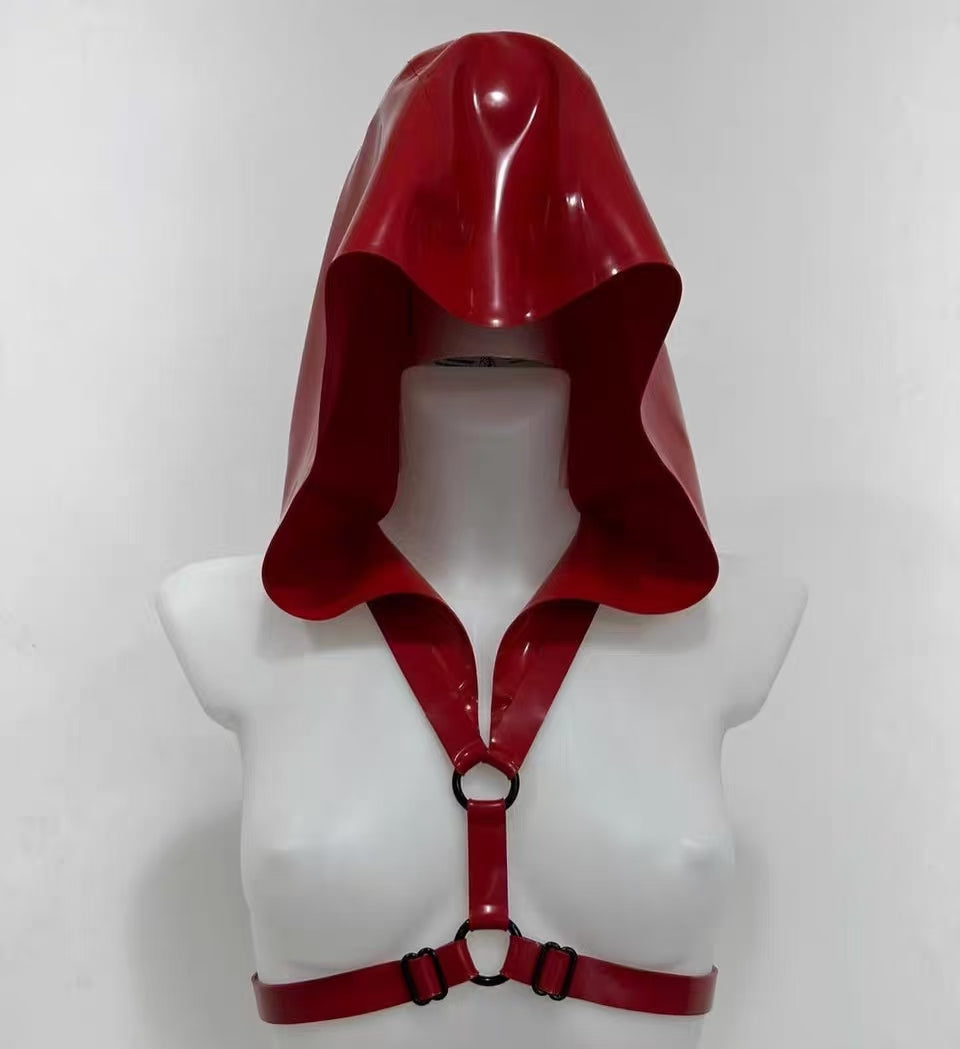 Latex Cloak Rubber Hood with Chest Harness | High-Gloss Red Rubber Draped Hood & Chest Harness Set