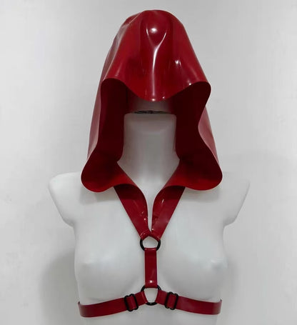 Latex Cloak Rubber Hood with Chest Harness | High-Gloss Red Rubber Draped Hood & Chest Harness Set