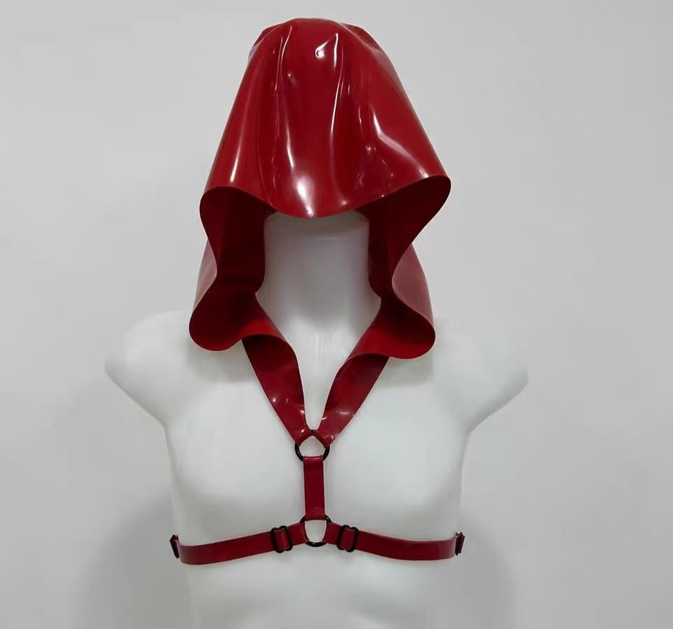 Latex Cloak Rubber Hood with Chest Harness | High-Gloss Red Rubber Draped Hood & Chest Harness Set