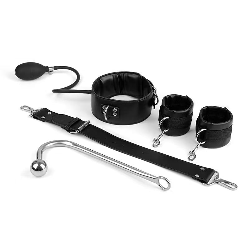 inflatable collar restraint set for couples with plush lined handcuffs and metal anal plug