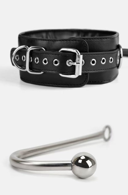 inflatable collar restraint set for couples with plush lined handcuffs and metal anal plug