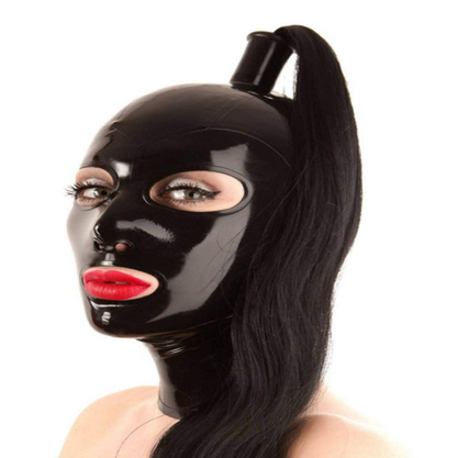 a black latex hood with ponytail