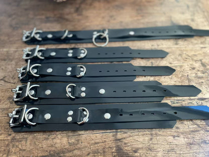 black latex restraint set for couples including cuffs and collar