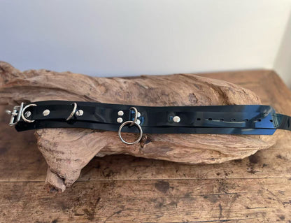 punk style latex bondage collar with O ring and silver hardware