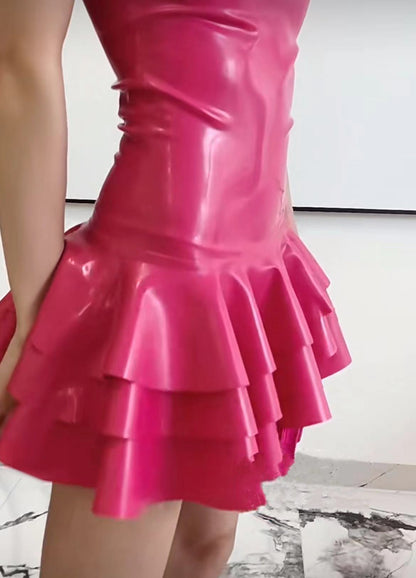pink strapless latex mini dress with tiered ruffled hem and high gloss finish