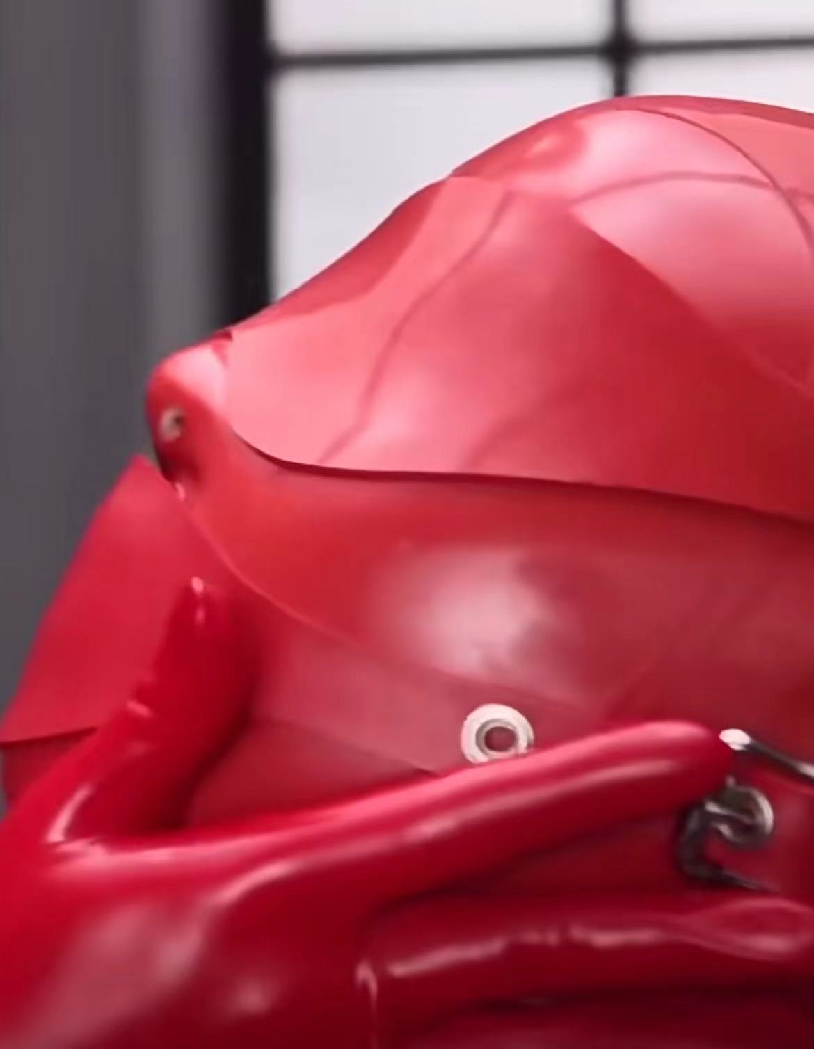red natural rubber latex full head hood with blindfold and mouth gag