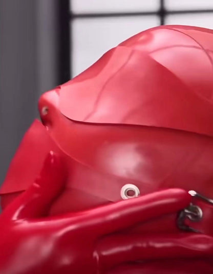 red natural rubber latex full head hood with blindfold and mouth gag