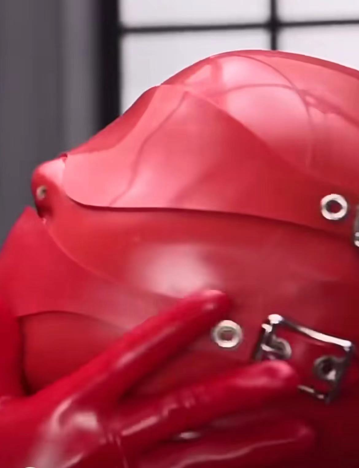 red natural rubber latex full head hood with blindfold and mouth gag