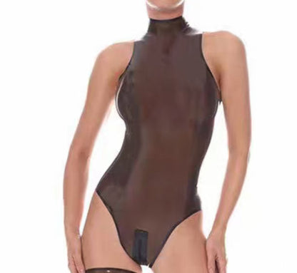 high gloss natural rubber latex sleeveless bodysuit for women high neck and back zipper front view