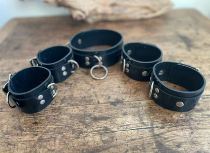 black latex restraint set for couples including cuffs and collar