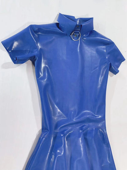 blue high gloss natural rubber latex short sleeve flared dress with o ring high collar flat lay view