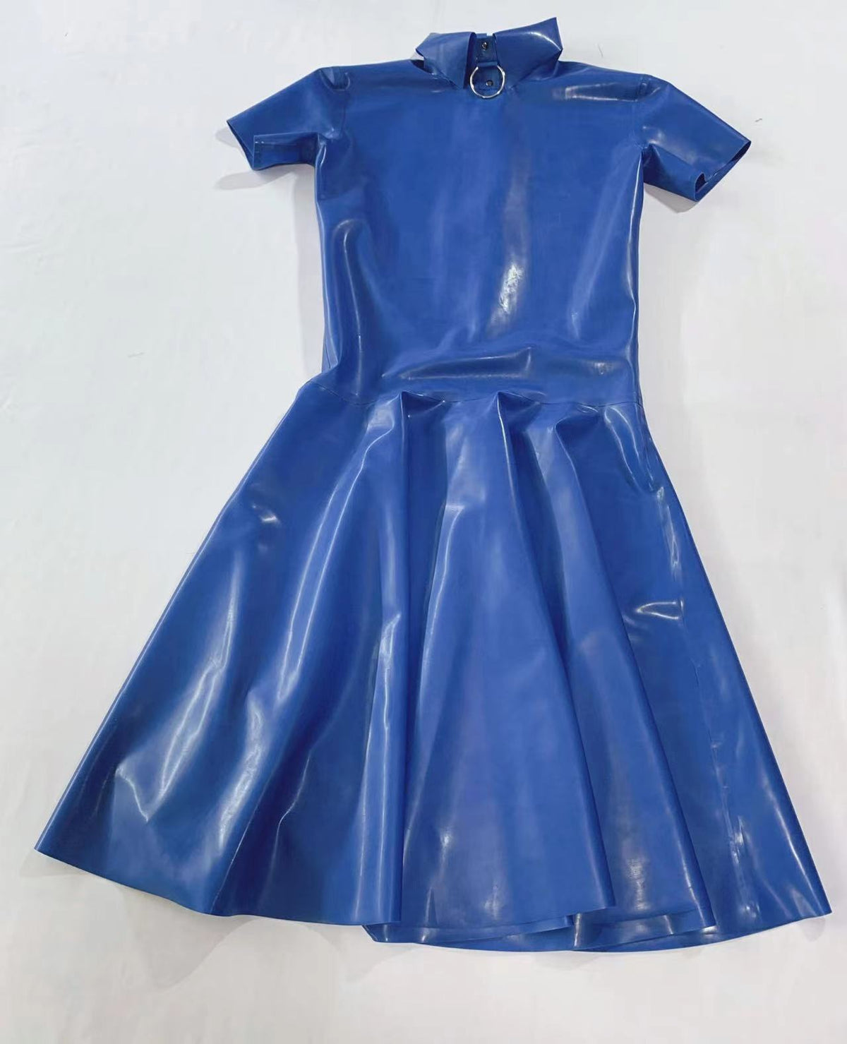 blue high gloss natural rubber latex short sleeve flared dress with o ring high collar flat lay view