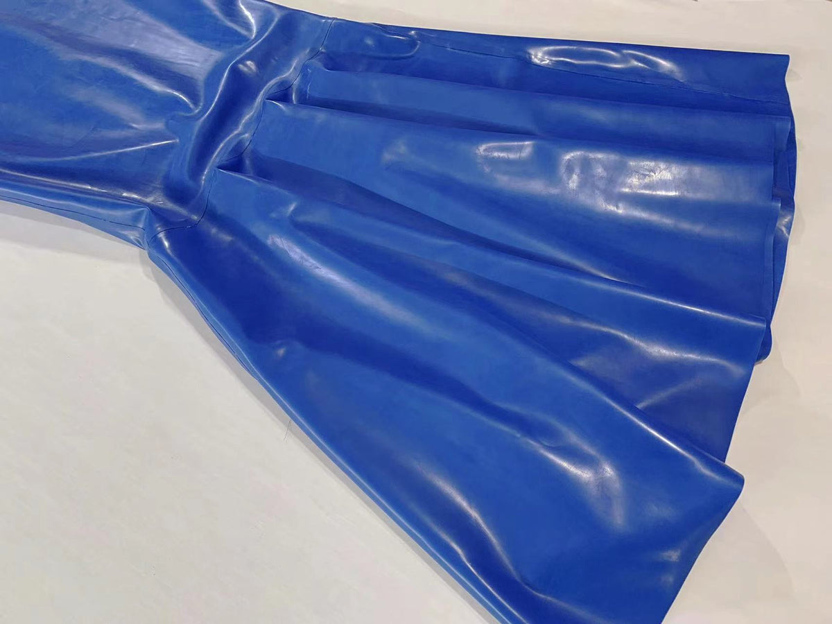blue high gloss natural rubber latex short sleeve flared dress with o ring high collar flat lay view