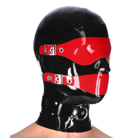 a black latex hood bondage with red blindfold and mask