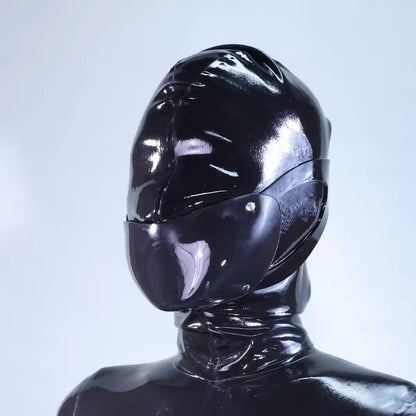 Black Heavy-Duty 3mm Latex Mask with Lock & Key | Sculpted Cyberpunk Restraint Mask