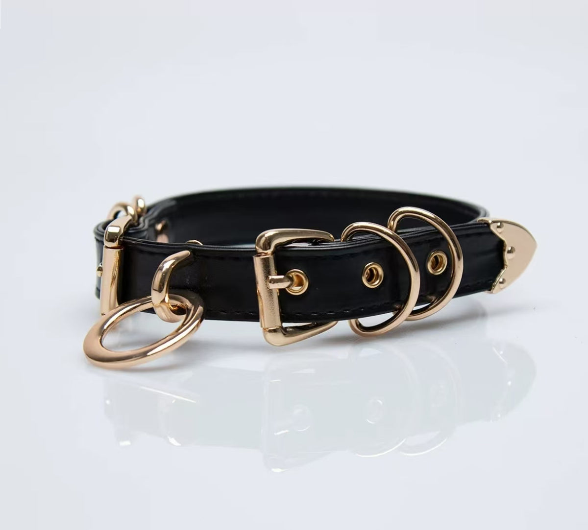black faux leather o ring collar choker with polished gold alloy buckles on model neck front view