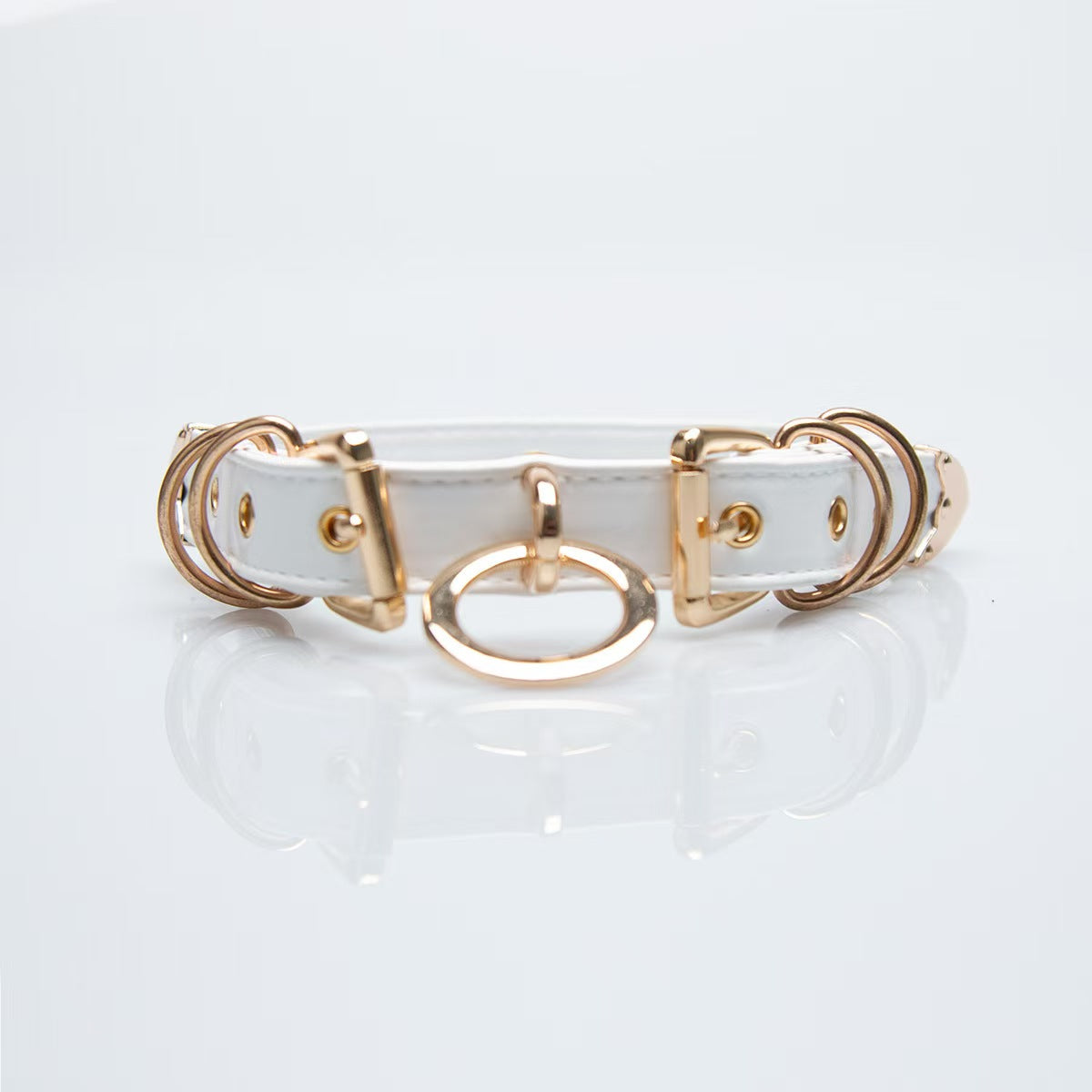 white faux leather o ring collar choker with polished gold alloy buckles on model neck front view