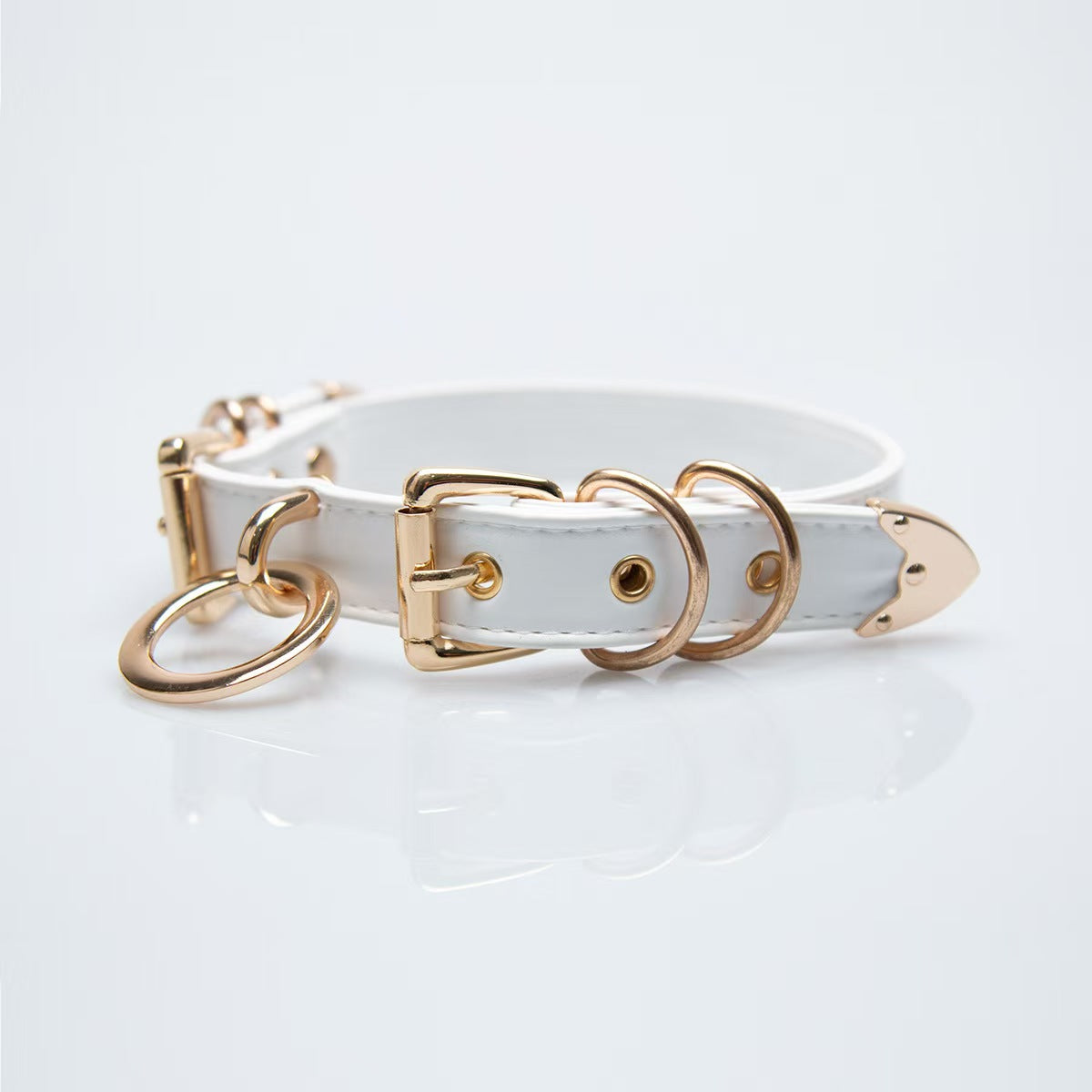 white faux leather o ring collar choker with polished gold alloy buckles on model neck front view