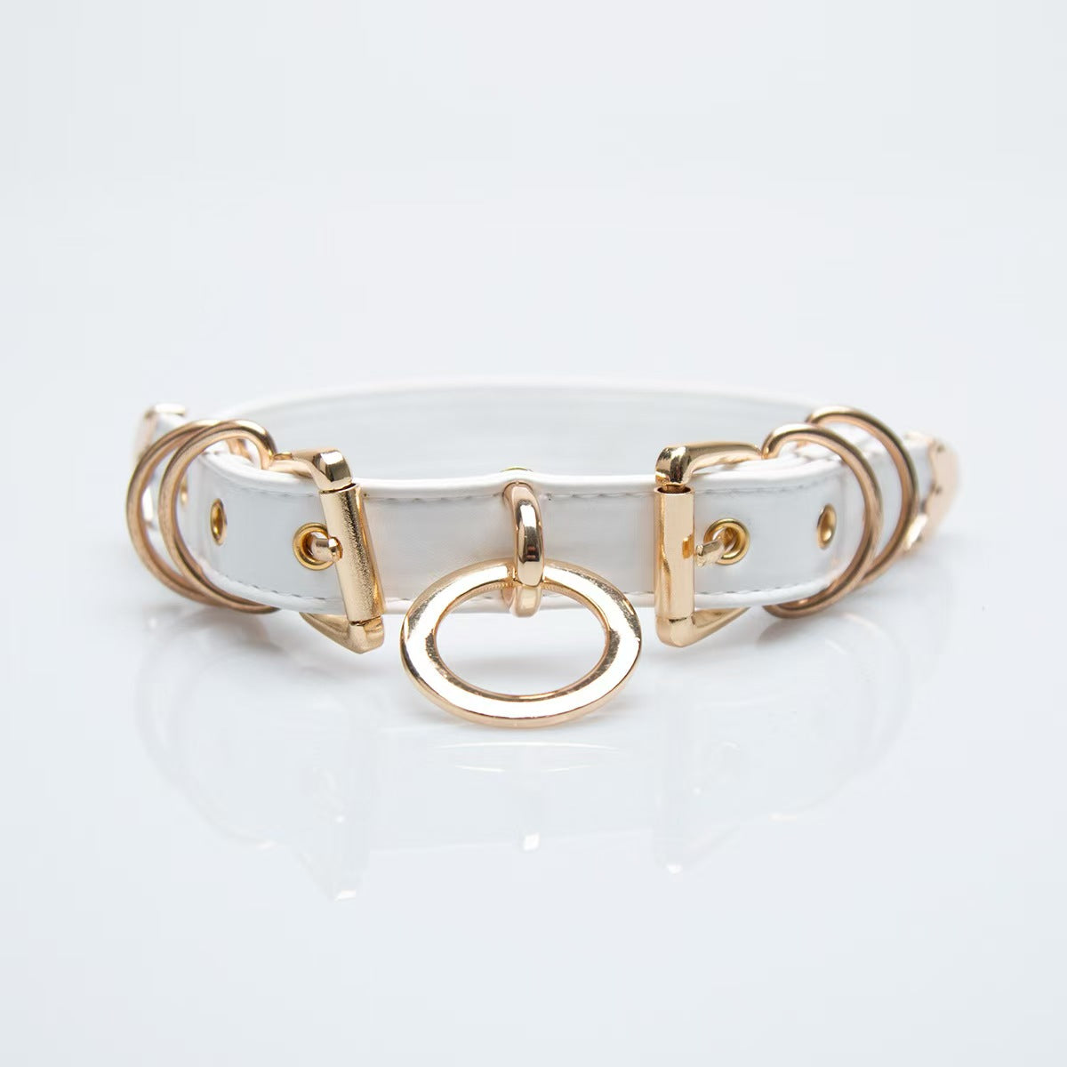 white faux leather o ring collar choker with polished gold alloy buckles on model neck front view