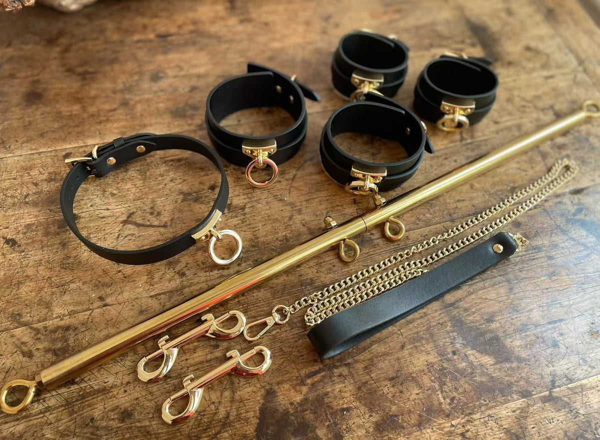 Genuine Leather Spreader Bar & Cuff Set | Complete Wrist, Ankle, Collar & Hogtie Restraint Kit