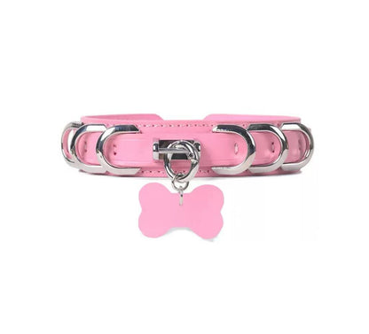 pink genuine cowhide leather collar with silver d rings and bone charm