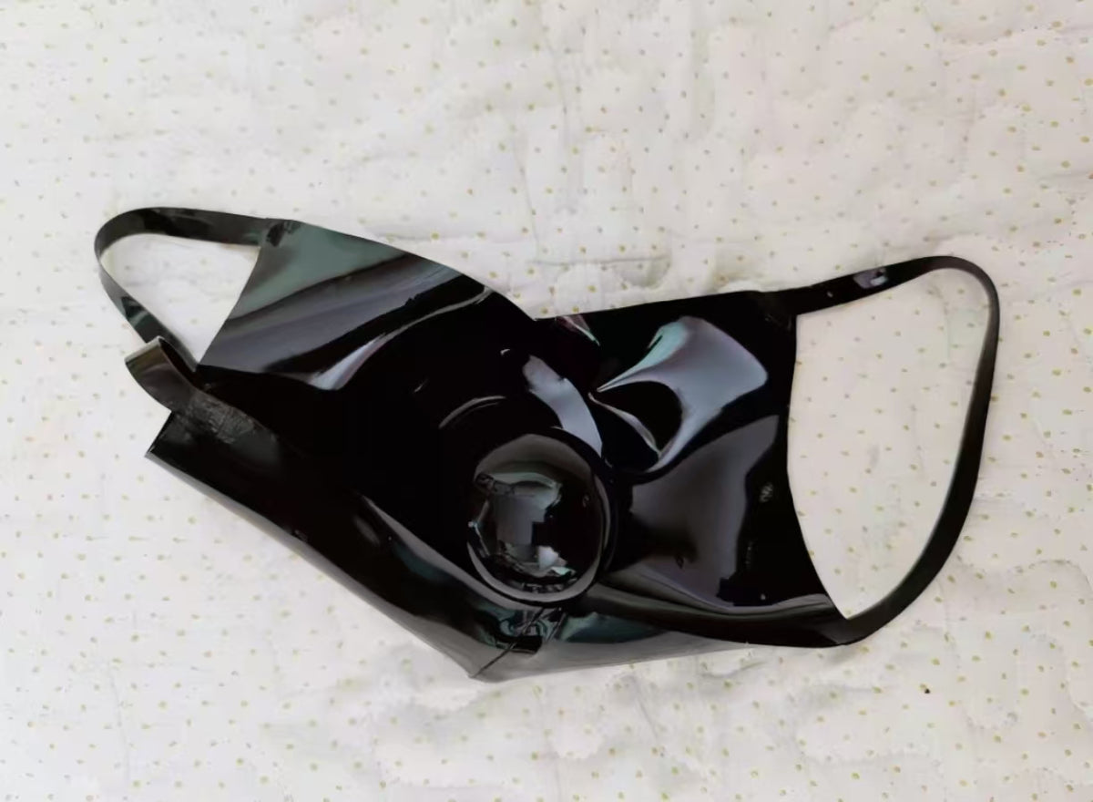 black high shine latex mask with integrated rubber mouth gag and ear loops