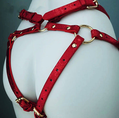 red Leather Lesbian Strap On Harness 