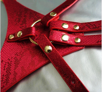 red Leather Female Strap-On Harness