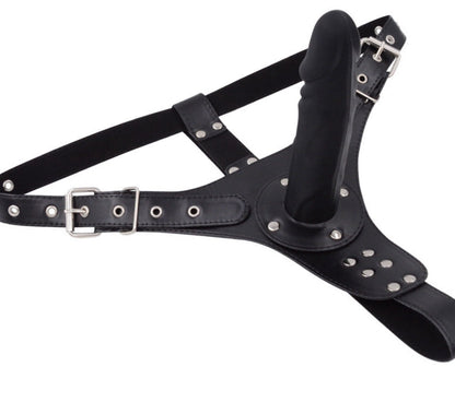 a strap on dildo harness with black dildo
