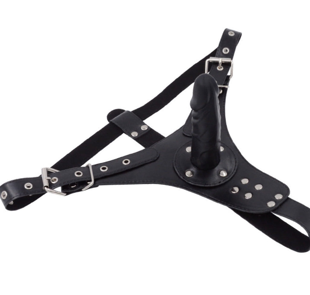 a strap on dildo harness with black dildo