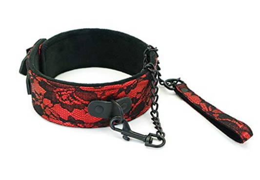 a red lace bondage collar and leash