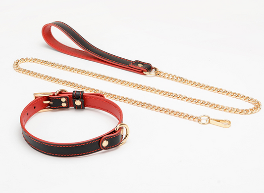 a black and red bdsm collar and leash set