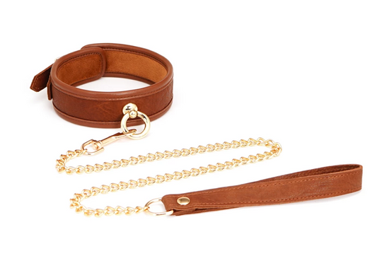 a brown bondage collar and leash set