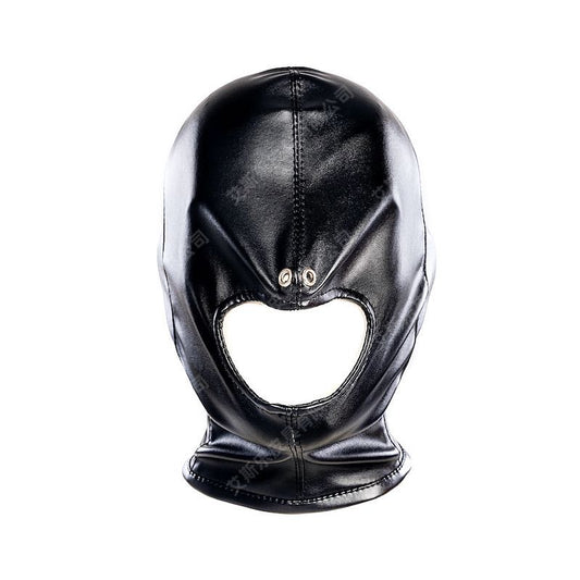 a black leather bondage hood