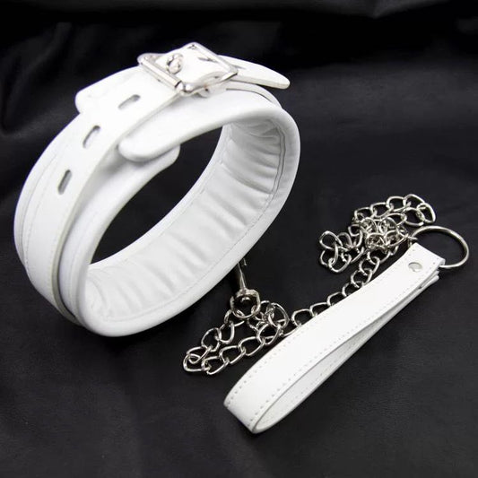 a white leather bondage collar and leash set